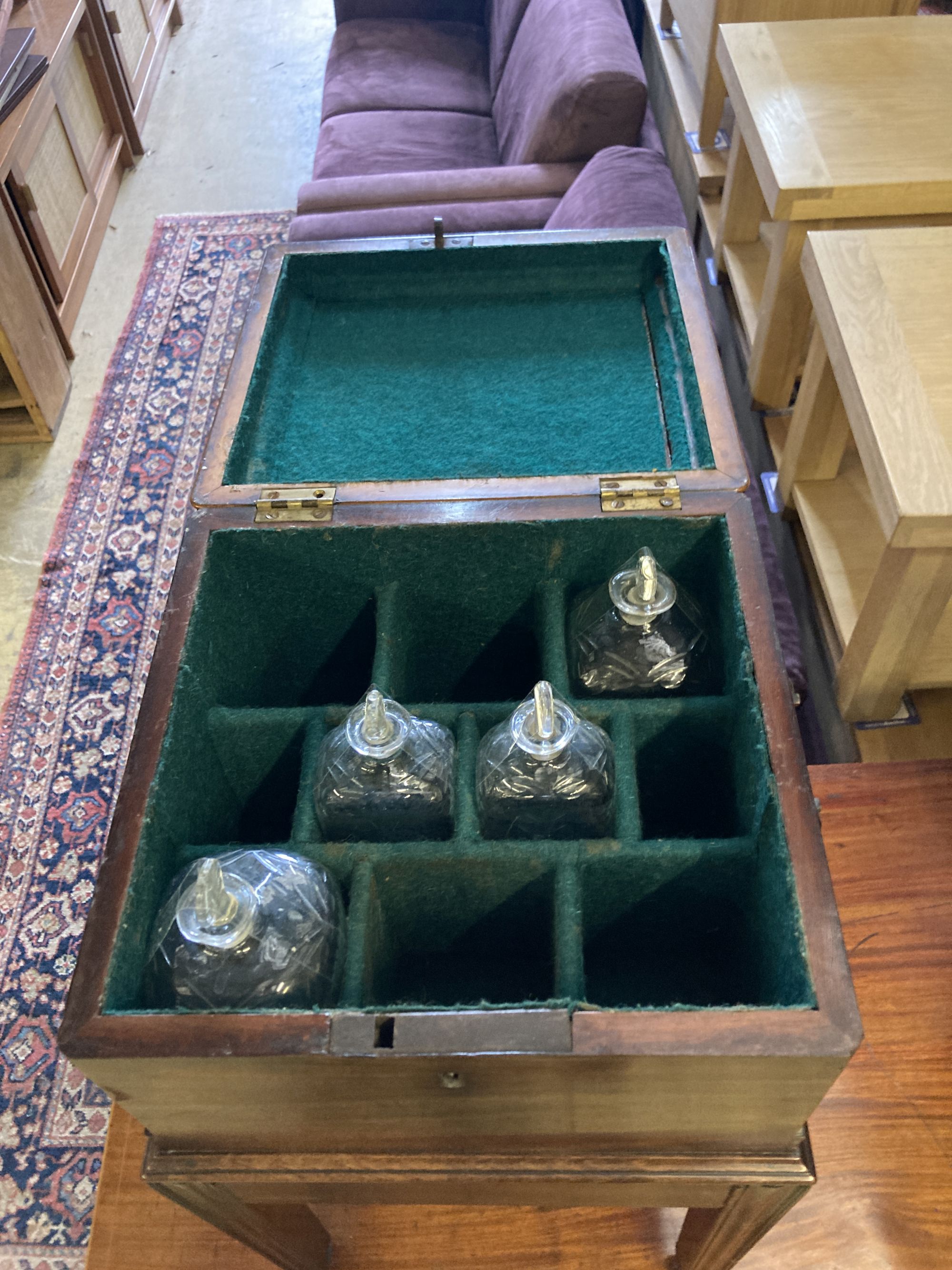 A Chippendale style inlaid mahogany decanter box on stand, width 37cm, depth 36cm, height 67cm